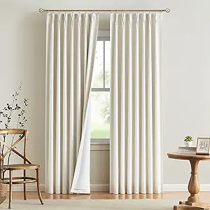 Vision Home Natural Pinch Pleated Full Blackout Curtains Linen Blended Room Darkening Window Curtains 95 inch for Living Room Bedroom Thermal Insulated Pinch Pleat Drapes with Hooks 2 Panel 40″Wx95″L