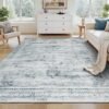 5×7 Washable Area Rugs for Living Room, Soft Faux Wool Carpets for Bedroom Dining Room, Neutral Vintage Distressed Non Slip Stain Resistant Grey Blue Rug for Home Office Decor