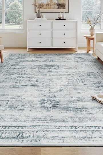 5×7 Washable Area Rugs for Living Room, Soft Faux Wool Carpets for Bedroom Dining Room, Neutral Vintage Distressed Non Slip Stain Resistant Grey Blue Rug for Home Office Decor