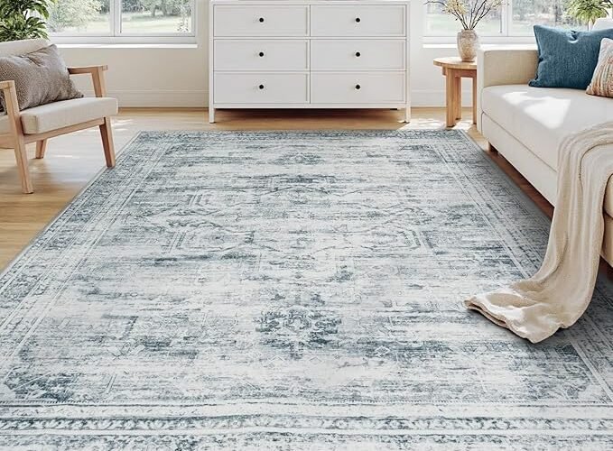 5×7 Washable Area Rugs for Living Room, Soft Faux Wool Carpets for Bedroom Dining Room, Neutral Vintage Distressed Non Slip Stain Resistant Grey Blue Rug for Home Office Decor